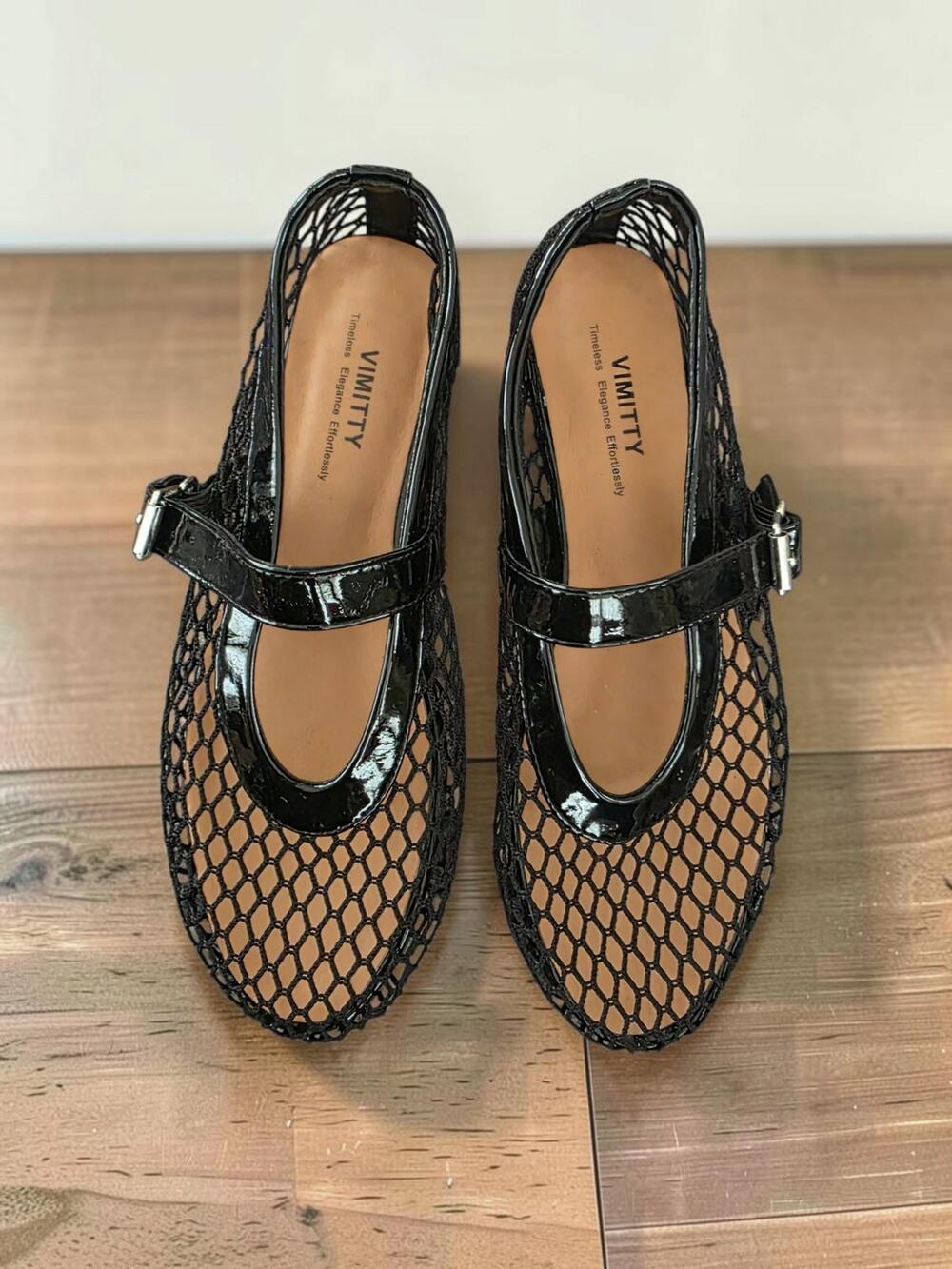 Vimity Women’s Black Mesh Fishnet Mary Jane Flats EU 38 Patent Ballet Shoes US 8